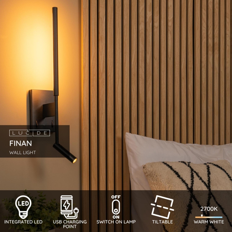 Lucide FINAN - Nástenné svietidlo - LED - 2700K - S USB nabíjacím bodom - Čierna